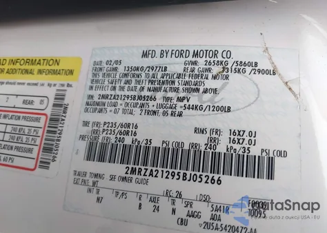 2005 Mercury Monterey Convenience z USA, uszkodzony, nr VIN 2MRZA21295BJ05266